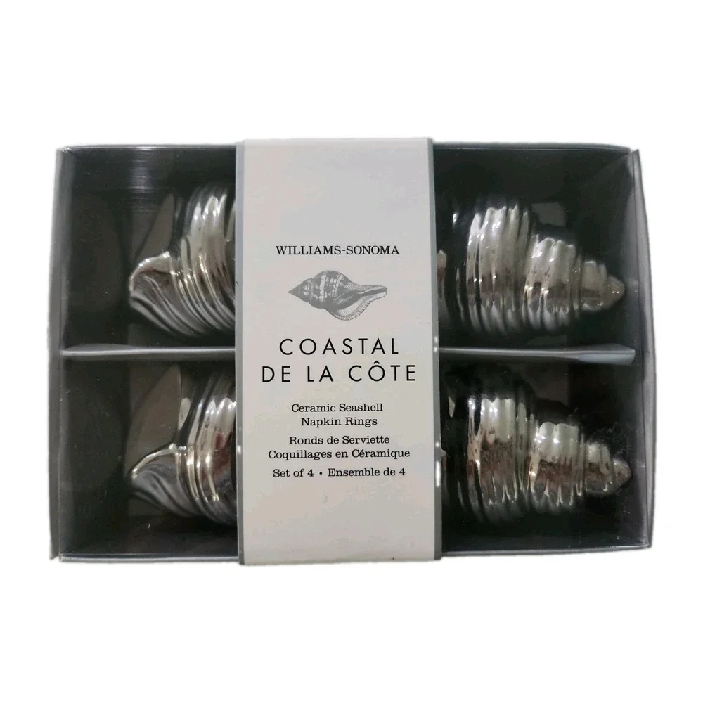 Williams Sonoma Ceramic Silver Seashell Beachy Napkin Rings 4/ UNOPENED BOX